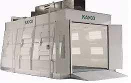 Paint Booth, Side Exhaust Down Draft, Solid Back, Heated,14' wide X 9' tall X 27'6" long ID